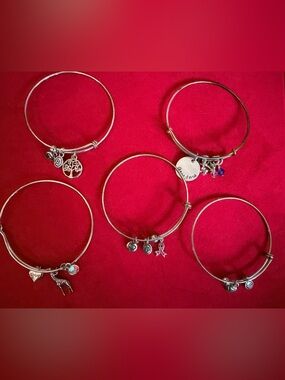 5 Silver-Tone Charm Bangle Bracelet Lot Ribbon, Giraffe, Grandma and Jeweld tree